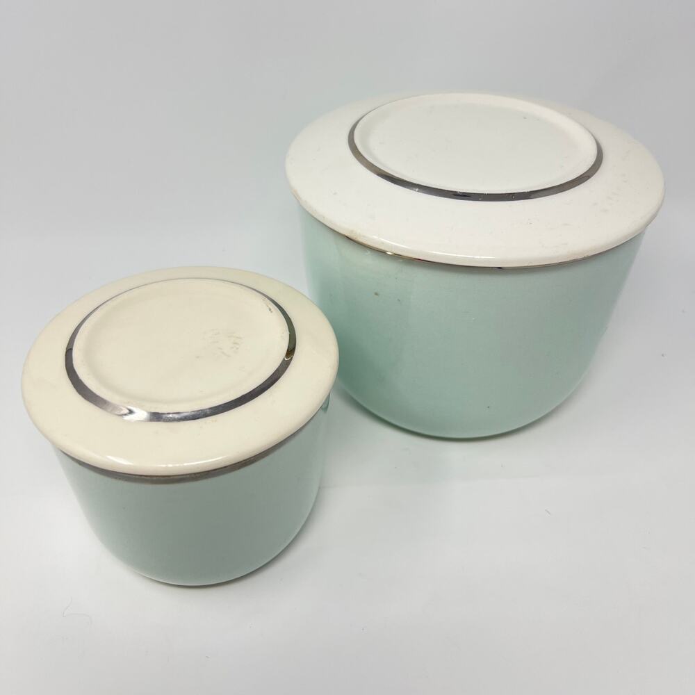 Vintage 50s Ballerina Mist Refrigerator Canister Dishes Lids Set of 2 Ovenproof